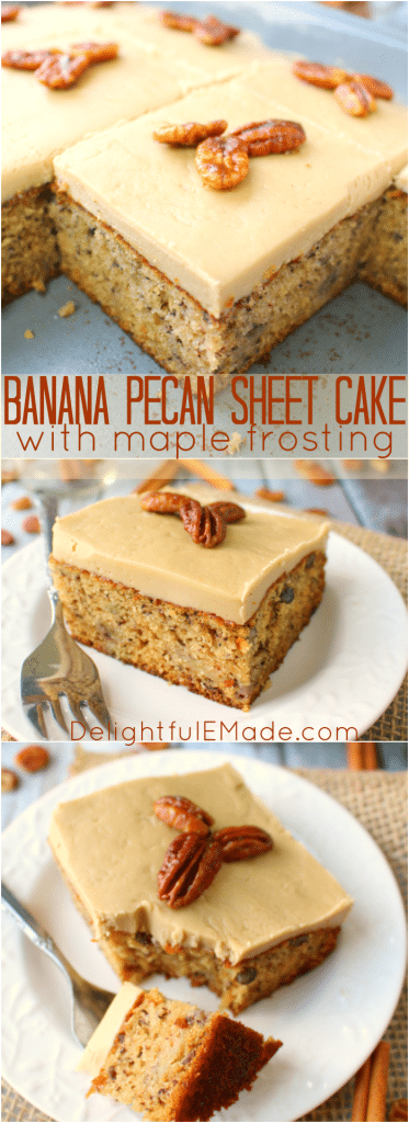 A classic banana cake brought to a whole new level! Moist, sweet cake baked with pecans and topped with a delicious maple frosting, and brown sugar glazed pecans, this cake is perfect for any and every occasion!