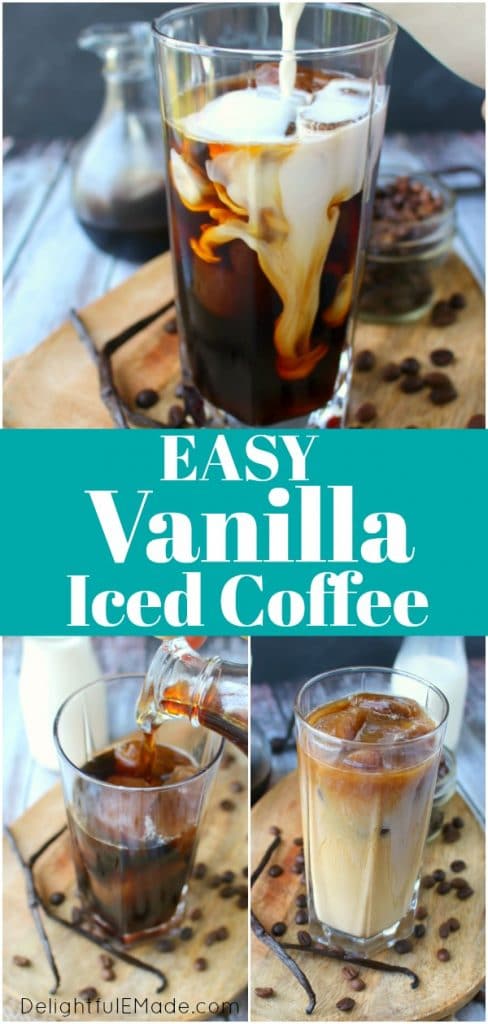 make your favorite vanilla iced coffee drink right at home!  My Vanilla Bean Iced Coffee is made with a simple vanilla bean syrup, cold brew coffee, and half and half.  An amazing drink to start your day!