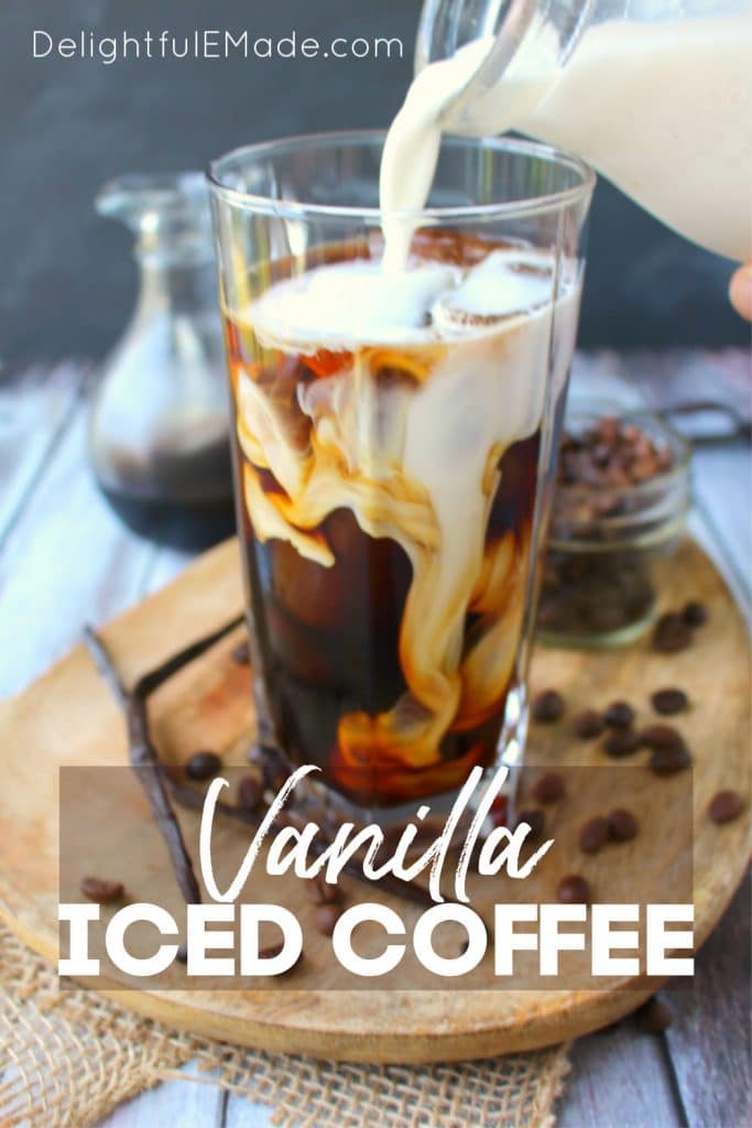 Make your favorite vanilla iced coffee drink right at home!  My Vanilla Bean Iced Coffee is made with a simple vanilla bean syrup, cold brew coffee, and half and half.  An amazing drink to start your day!