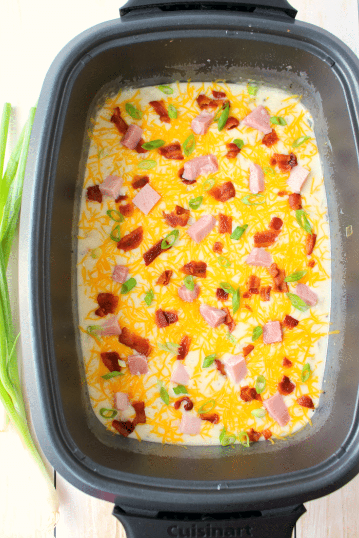 This super-simple Slow Cooker Loaded Baked Potato Soup is the perfect dinner solution for busy weeknights. Loaded with big chunks of ham, potatoes, and topped with lots of cheese, bacon and onions, this comfort food is a great for anyone who loves a hearty, delicious bowl of soup!