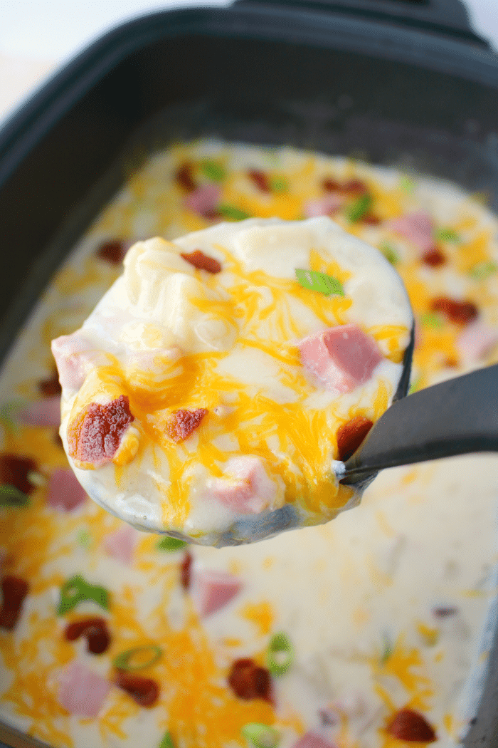 This super-simple Slow Cooker Loaded Baked Potato Soup is the perfect dinner solution for busy weeknights. Loaded with big chunks of ham, potatoes, and topped with lots of cheese, bacon and onions, this comfort food is a great for anyone who loves a hearty, delicious bowl of soup!