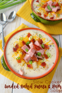 The best potato soup you'll ever have! Made in the slow cooker, this super-simple soup recipe is great for busy weeknights. Loaded with big chunks of ham, potatoes, and topped with lots of cheese, bacon and onions, this comfort food is a great for anyone who loves a hearty, delicious bowl of soup!