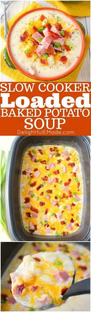 This super-simple Slow Cooker Loaded Baked Potato Soup is the perfect dinner solution for busy weeknights. Loaded with big chunks of ham, potatoes, and topped with lots of cheese, bacon and onions, this comfort food is a great for anyone who loves a hearty, delicious bowl of soup!