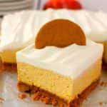 Let me introduce you to your new favorite fall dessert!  Made with a Gingersnap Cookie Crust, whipped topping and a few other goodies, these Pumpkin Cheesecake Bars are simple enough for a casual fall celebration and decadent enough for Thanksgiving dinner!