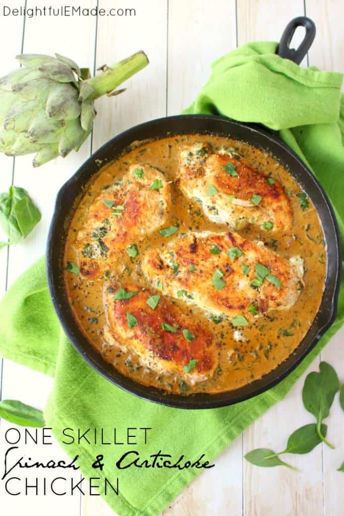 Let me introduce you to your new favorite chicken recipe!  This easy one skillet meal has all the flavors of Spinach and Artichoke Dip simmered together and stuffed into simple chicken breasts.  Incredibly flavorful, this delicious entree is the perfect dinner idea any night of the week!