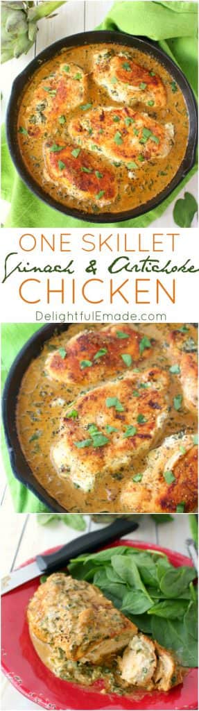 Let me introduce you to your new favorite chicken recipe!  This easy one skillet meal has all the flavors of Spinach and Artichoke Dip simmered together and stuffed into simple chicken breasts.  Incredibly flavorful, this delicious entree is the perfect dinner idea any night of the week!