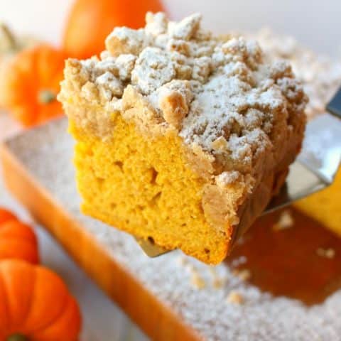 Meet your new favorite coffee cake! This incredibly moist, velvety pumpkin crumb cake has all your favorite fall flavors topped with an amazing cinnamon crumble. It's the breakfast treat to serve on Thanksgiving morning, or simply enjoy with your pumpkin spice latte!