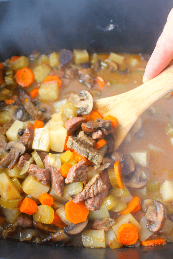 This easy slow cooker beef stew recipe is a delicious dinner option for any night of the week. Made with tender, delicious sirloin, along with big chunks of carrots, celery, potatoes and mushrooms its the ultimate comfort food!