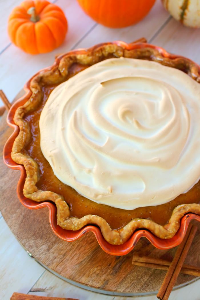 A delicious twist on the classic pumpkin pie! Dazzle your Thanksgiving dinner guests with this wonderfully simple pie recipe that is topped with a silky, delicious meringue. Easy enough to make for your holiday meal, and fancy enough for a formal dinner!