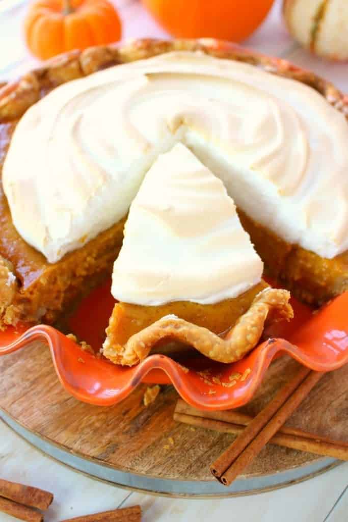 A delicious twist on the classic pumpkin pie, this his wonderfully easy pumpkin pie recipe is topped with a silky, delicious meringue.  Easy enough to make for a simple holiday meal, and fancy enough for a formal dinner, this Pumpkin Meringue Pie is the ultimate Thanksgiving dessert!