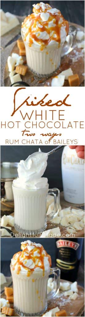 If you're a fan of Rum Chata or Bailey's, you're gonna LOVE this Spiked White Hot Chocolate! Homemade hot chocolate made with just a few simple ingredients, along with your choice of your favorite creamy liqueur! Topped with whipped cream, white chocolate chunks and caramel this cocktail is decadent and delicious!
