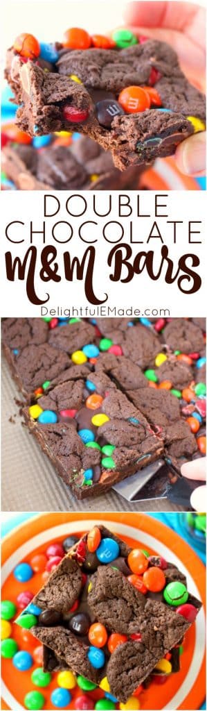 Made with the help of a cake mix and a few other ingredients, these Double Chocolate M&M Bars are fantastic! Loads of milk chocolate M&M's candies and semi-sweet chocolate chips are in the center of these cookie bars, sandwiched between the cake mix batter. Perfect for an after-school snack or a lunchbox surprise!