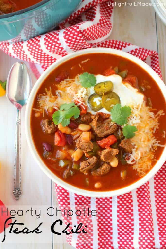 Let me introduce you to your new favorite chili recipe!  This Hearty Chipotle Steak Chili is an amazing dinner option that's loaded with tender sirloin steak, beans, peppers and tomatoes.  Perfect if you love a hot, delicious bowl of soup on a cold day!