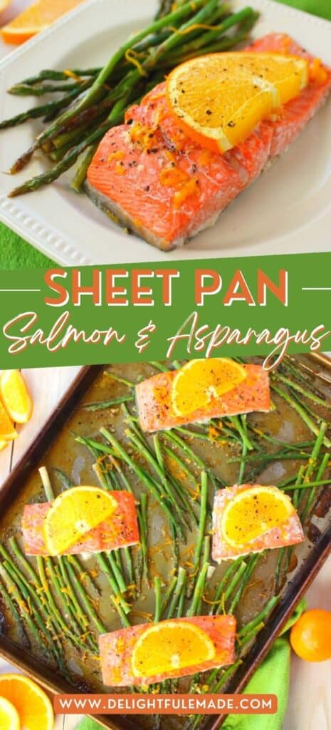 Sheet pan salmon and asparagus with orange slices, on pan and on a plate.