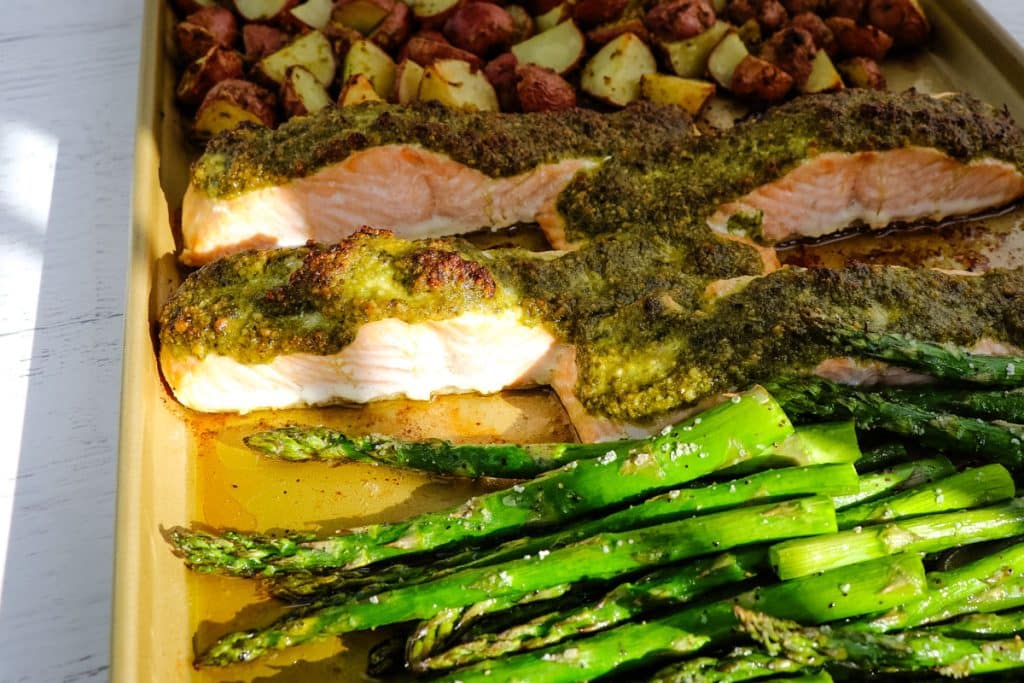 Sheet pan salmon, asparagus and potatoes after being roasted in the oven.