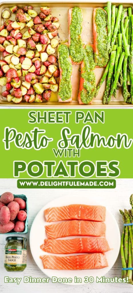 Sheet pan salmon and asparagus with pesto and potatoes, ingredients on table and on a pan.