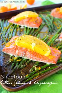 A wonderfully healthy, easy and delicious salmon recipe! Amazing flavors of oranges, lemon and lime glaze these salmon fillets, and when roasted with asparagus spears, it quickly becomes a super flavorful one pan meal. Healthy dinner ideas don't get much easier or delicious than this!