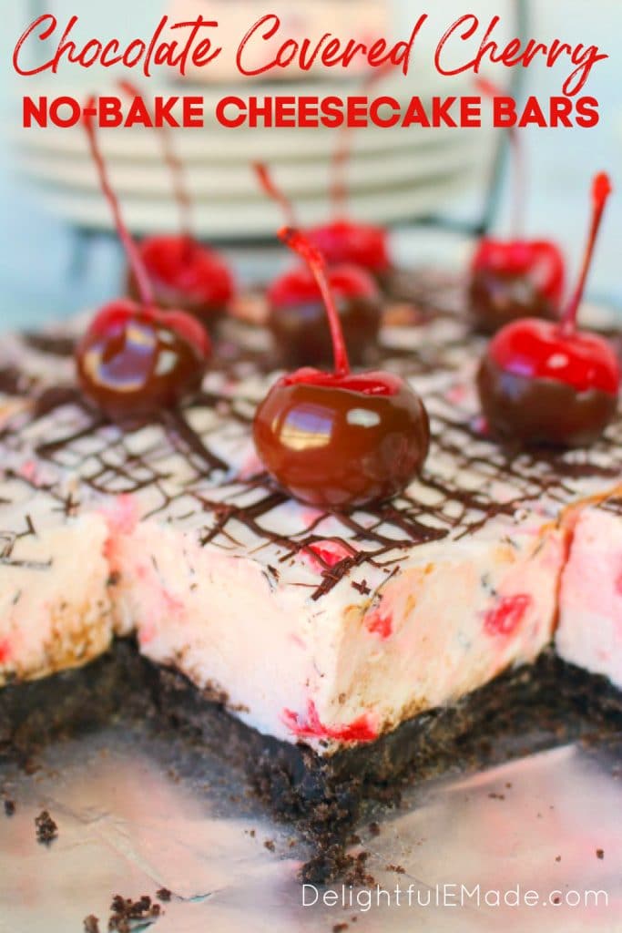 Chocolate covered cherry no bake cheesecake bars cut into squares.