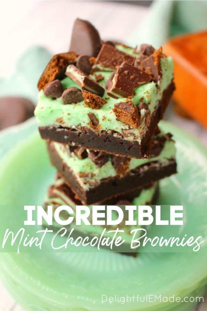 Mint chocolate brownies stacked on a plate. Mint brownies recipe.