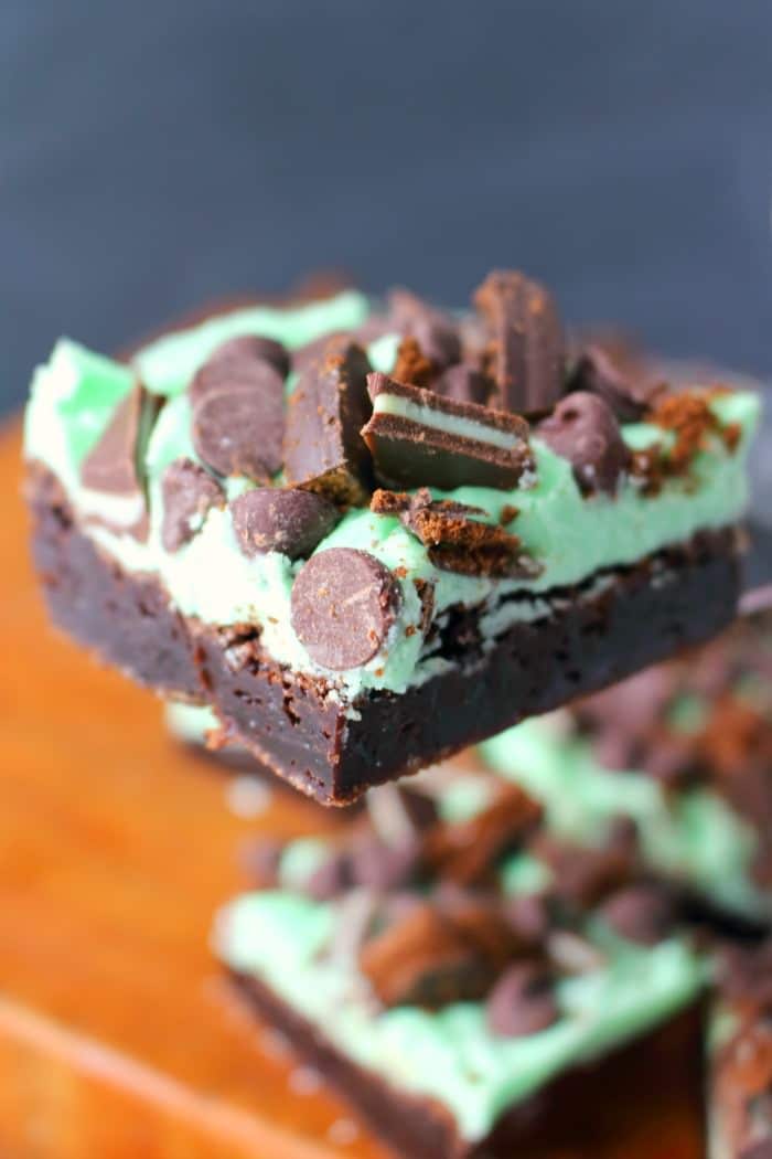 Thin mint brownie lifted with a spatula
