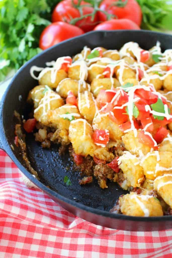 If you love the classic Tater Tot Casserole, this cheesy taco version is a must-make! An easy dinner recipe, this one skillet meal is made with just six ingredients that you likely already have in your fridge and pantry. Fantastic for Taco Tuesday, or anytime you're craving Tex-Mex!