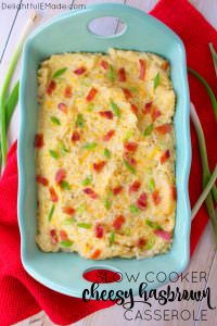 Looking for an easy, cheesy potato side dish? This Cheesy Hashbrown Casserole recipe is made in the crock pot or slow cooker, making it the perfect make-ahead side dish! Creamy, cheesy and completely delicious, these potatoes are perfect for holiday meals, cookouts and pot-luck dinners!