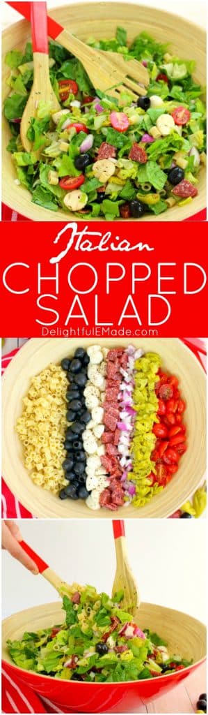 If you love Italian anitpasto, then this chopped salad recipe will be right up your alley! Loaded with fresh romaine lettuce, mozzarella, olives, salami and more, this incredible anitpasto salad will quickly become a family favorite for every potluck, cookout, and picnic this summer. Even better than the famous Olive Garden salad!