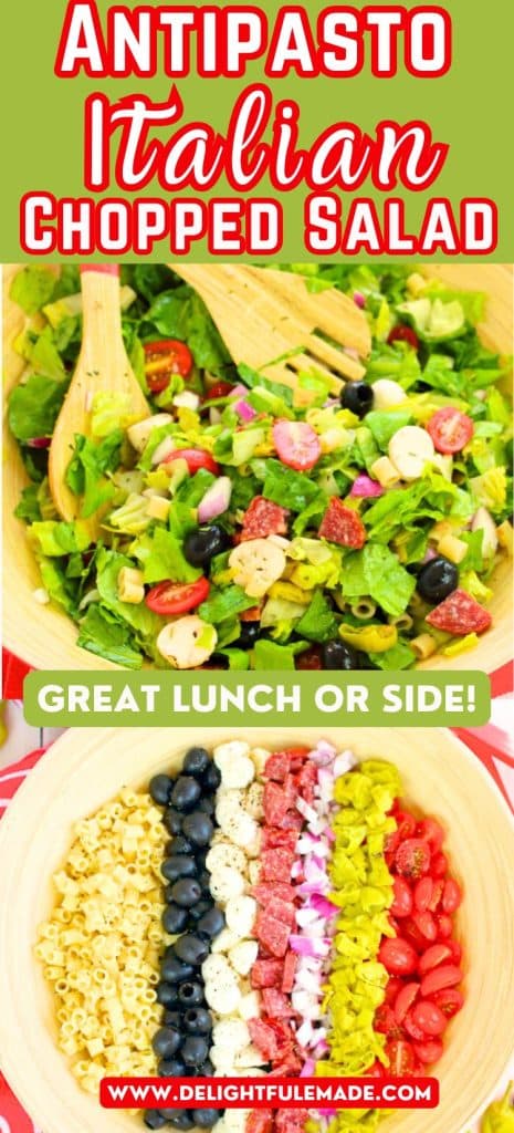 Italian chopped salad in a large salad bowl with salad utensils being tossed together.