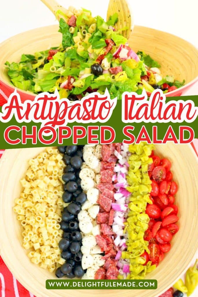 An Italian chopped salad in a large salad bowl being tossed together.