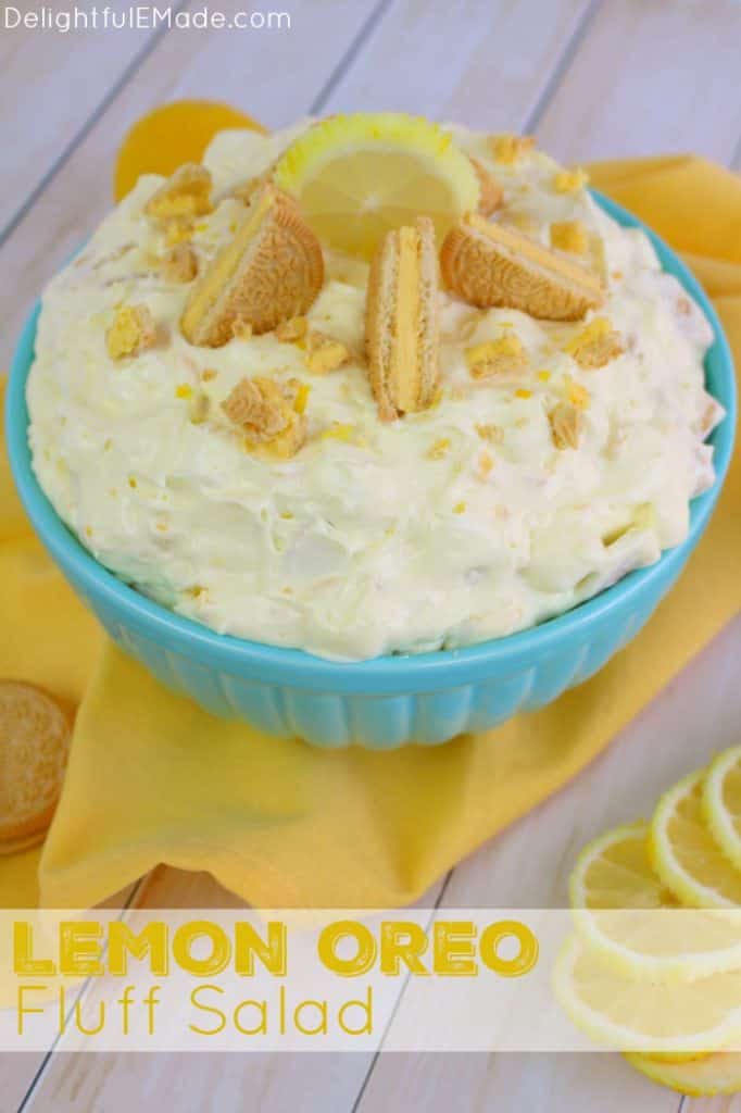 If you're Lemon Oreo lover, this this creamy fluff salad is for you!  Like the classic oreo fluff recipe, this version is made with lemon oreos and lemon pudding.  No potluck, picnic or cookout, is complete without a sweet, creamy fluff recipe like this!