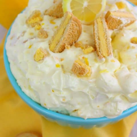 If you're Lemon Oreo lover, this this creamy fluff salad is for you! Like the classic oreo fluff recipe, this version is made with lemon oreos and lemon pudding. No potluck, picnic or cookout, is complete without a sweet, creamy fluff recipe like this!