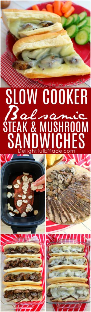 The ultimate slow cooker dinner idea for busy nights!  Topped with mushrooms, provolone cheese, and served on Martin’s Hoagie Rolls, these super-simple steak sandwiches are the perfect way to get dinner on the table when time is tight.