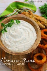 The great flavors of Parmesan cheese and ranch dressing come together for one amazing dip and spread!  Perfect for fries, onion rings, chicken tenders, sandwiches, veggies and more, this Ranch Dipping Sauce will be your new favorite condiment to put on everything!