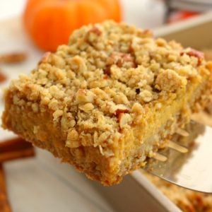 Even easier than pie, these Pumpkin Pie Bars with Pecan Crumble are the perfect fall dessert! Made with a simple oatmeal brown sugar crust, and topped with an amazing pecan crumble, this pumpkin dessert will be even more popular than the classic pie!