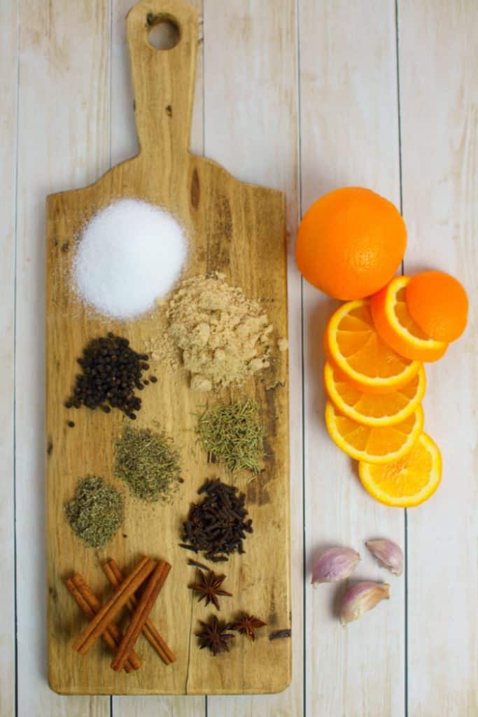 Ingredients needed to make an apple cider turkey brine.