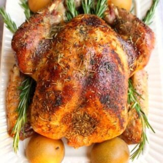 Roasted turkey on a platter that has been soaked in apple cider turkey brine.