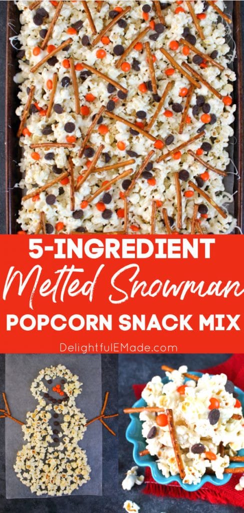 Melted snowman popcorn snack mix, on cookie sheet and in bowl.