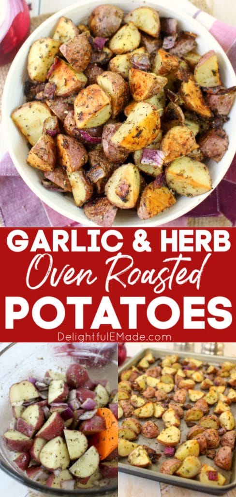 Bowl of oven roasted red potatoes, photo of potatoes in mixing bowl and on pan.