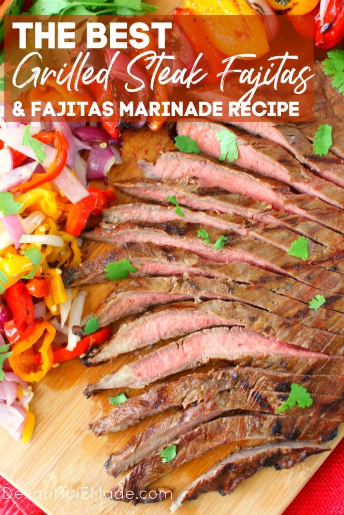 Grilled flank steak sliced with grilled peppers and onions for grilled steak fajitas.