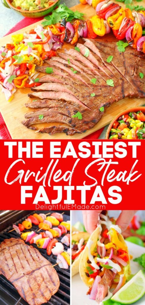 Flank steak fajitas marinade with sliced grilled steak fajitas on grill.