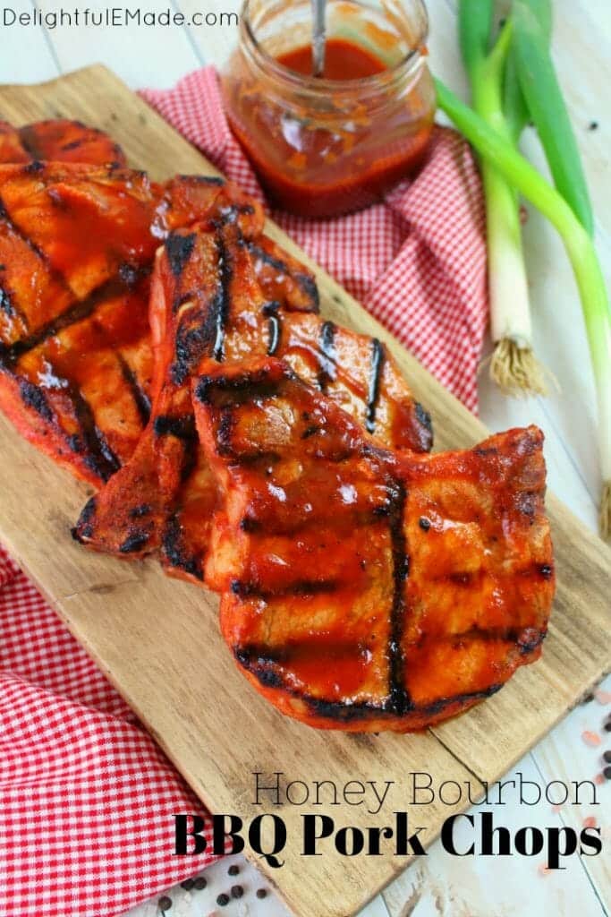 Meet your new favorite BBQ Pork Chops recipe! These super-simple grilled pork chops are made with a homemade honey bourbon barbecue sauce, and grilled to perfection. This will be your new favorite way to grill pork chops!