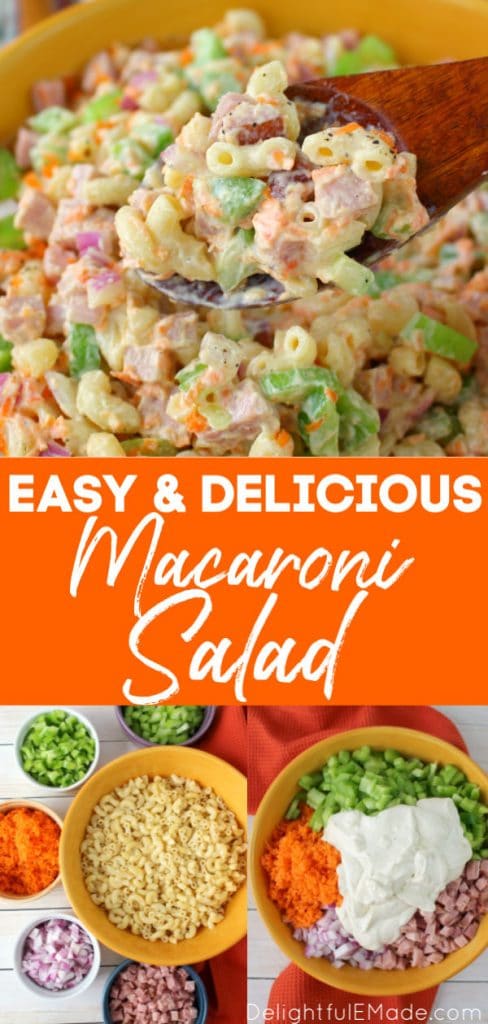 Classic macaroni salad in large bowl, with carrots, celery, ham, onions and creamy dressing