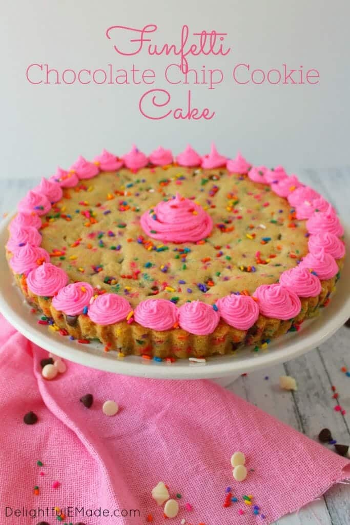 This Funfetti Giant Chocolate Chip Cookie Cake has party written all over it! Make with lots of rainbow sprinkles, white and semi-sweet chocolate chips and topped with a delicious buttercream frosting, this giant cookie is perfect for a birthday party or celebration!