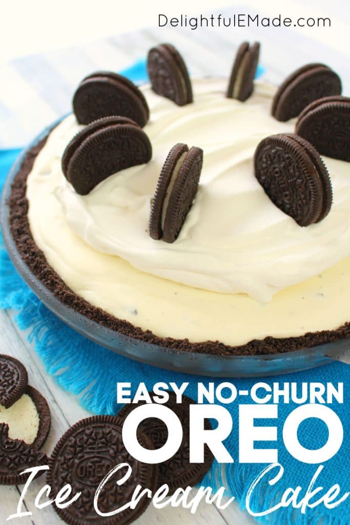 Oreo ice cream pie, with oreo crust, ice cream, whipped cream and topped with oreo cookies.