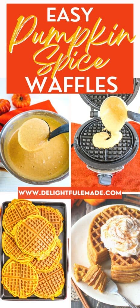 Photo collage of pumpkin spice waffles, batter, waffle iron, pan of waffles and stack of waffles.