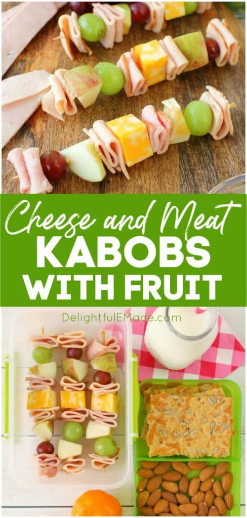 Looking for school lunch ideas? These fun and easy cheese and meat kabobs with fruit will have your kids excited to pack their lunchbox! These meat and cheese skewers are loaded with sliced turkey, ham, fruit and cheese. Great for the kid that won't eat a sandwich!