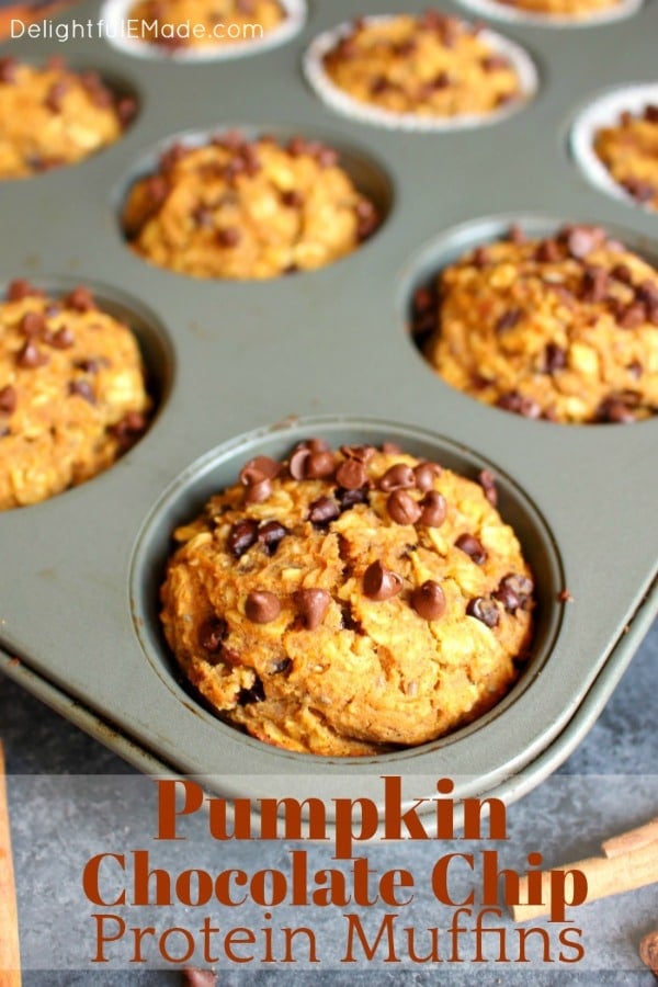 The perfect recipe for healthy pumpkin muffins that happens to taste amazing! These delicious Pumpkin Chocolate Chip Protein Muffins are loaded with protein and fiber, making them a great choice as a quick breakfast or healthy snack.