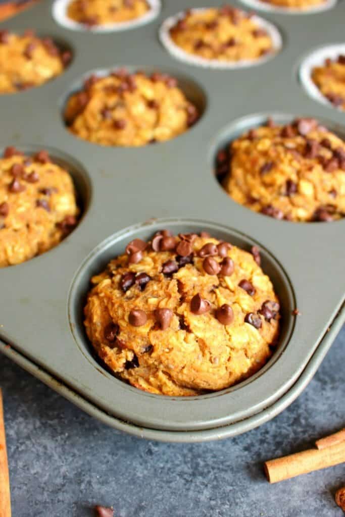 The perfect healthy muffin recipe that happens to taste amazing! These delicious Pumpkin Chocolate Chip Protein Muffins are loaded with protein and fiber, making them a great choice as a quick breakfast or healthy snack.