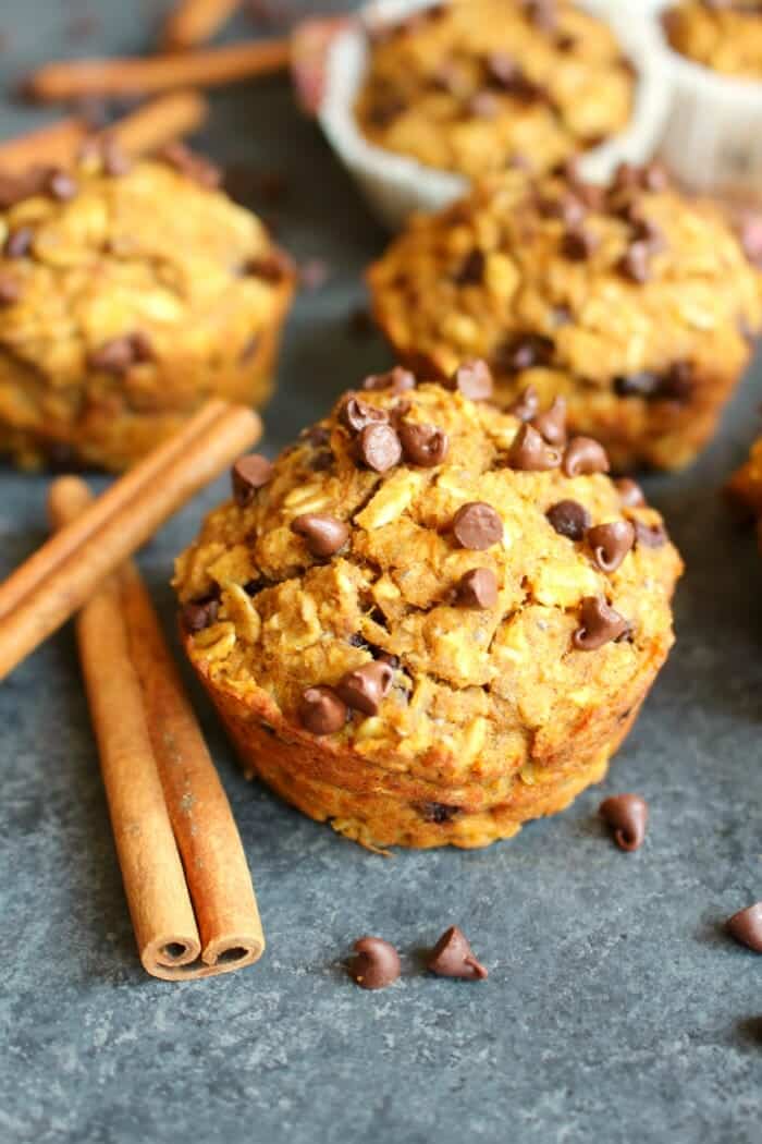 The perfect healthy muffin recipe that happens to taste amazing! These delicious Pumpkin Chocolate Chip Protein Muffins are loaded with protein and fiber, making them a great choice as a quick breakfast or healthy snack.