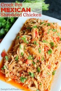 Say goodbye to dry shredded chicken! My super simple recipe Crock Pot Mexican Shredded Chicken will be your new go-to for the juiciest shredded chicken EVER! Perfect for tacos, enchiladas, nachos, burrito bowls and taco salads.